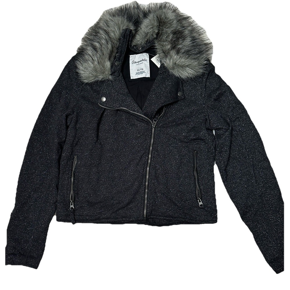 Aéropostale Moto Jacket Womens XL  Black Removable Faux Fur Hood‎ Sparkly NWT